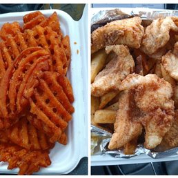 Now this is more like it catfish with fries and sweet potato fries I wanted to substitute but they ended up giving them to me anyway Now this is more like it catfish with fries and sweet potato fries I wanted to substitute but they ended up giving them to me anyway