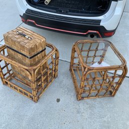 Rattan side tables (both have glass covers) and woven suitcase I believe lol but I call it my hope chest for me and my boyfriend :))