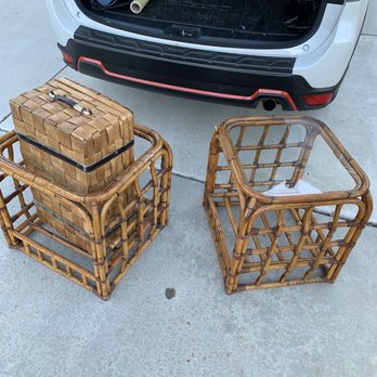 The Antique Village - Rattan side tables (both have glass covers) and woven suitcase I believe lol but I call it my hope chest for me and my boyfriend :)) - Antiques Near Me - San Marcos, California