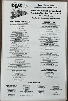 Menu photo 2 Crazy Otto's Diner Acton, CA