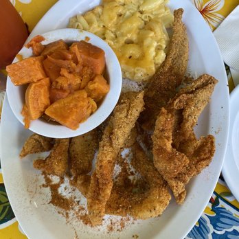 Southern Kitchen - Cajun Catfish Strips w/ Mac and Cheese and Candied Yams - Southern Near Me - Tacoma, Washington