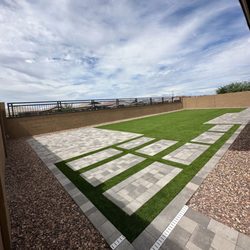 Esteban Land Design - Backyard, turf and pavers
