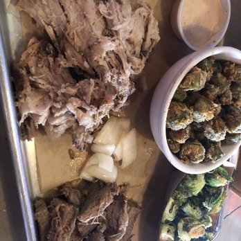 Dixie Grill - 2 meat plate with brisket and pulled pork. Sides: Brussels sprouts and fried okra!! - Southern Near Me - Aiea, Hawaii