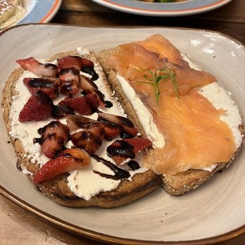 Layered - Pick 2 Toast - smoked salmon and strawberry cream cheese - Coffee & Tea Near Me - McKinney, Texas Layered - Pick 2 Toast - smoked salmon and strawberry cream cheese - Coffee & Tea Near Me - McKinney, Texas