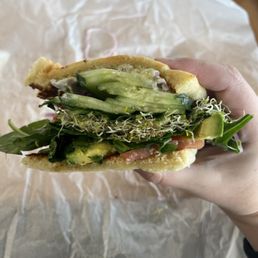 Veggie wrap - but on herbed focaccia. Veggie wrap - but on herbed focaccia.