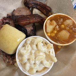 Combo plate with pork brisket and ribs. Sides Mac and cheese and Brunswick stew Combo plate with pork brisket and ribs. Sides Mac and cheese and Brunswick stew