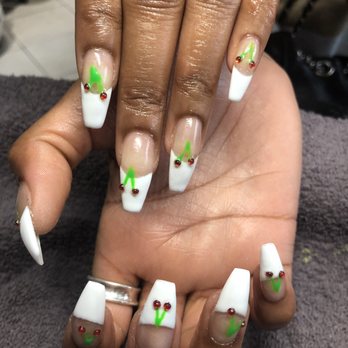 Happy Nails Boutique - No Chip Gel Fill in, French tip, with cherry stone designs by Mary M - Nail Salons Near Me - Chicago, Illinois Happy Nails Boutique - No Chip Gel Fill in, French tip, with cherry stone designs by Mary M - Nail Salons Near Me - Chicago, Illinois