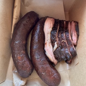 Heritage Barbecue - dry jalapeño cheddar sausage links and char siu pork belly - Barbeque Near Me - San Juan Capistrano, California