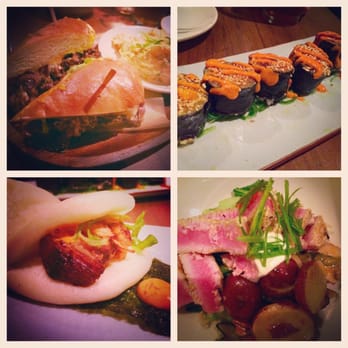 Dooby's - (Clockwise) Korean BBQ cheesesteak, ginger crab Kim bap roll, pork buns, sesame griddled tuna - Coffee & Tea Near Me - Baltimore, Maryland