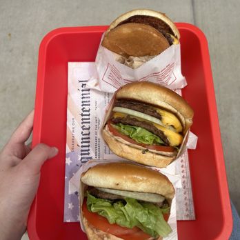 In-N-Out Burger - The burgers (top to bottom: plain cheeseburger, double stacked burger, and hamburger) - Burgers Near Me - Vancouver, Washington In-N-Out Burger - The burgers (top to bottom: plain cheeseburger, double stacked burger, and hamburger) - Burgers Near Me - Vancouver, Washington