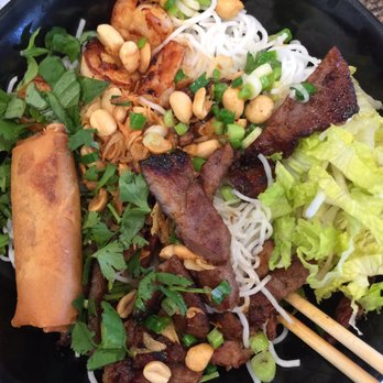 Pho Lee - #44 noodles with bbq beef, shrimp and egg roll. Comes with a delicious small bow of their quality pho broth - Vietnamese Near Me - Corona, California Pho Lee - #44 noodles with bbq beef, shrimp and egg roll. Comes with a delicious small bow of their quality pho broth - Vietnamese Near Me - Corona, California
