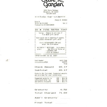 Olive Garden Italian Restaurant - This is the Bill and the address of the Olive Garden that I went to. - Italian Near Me - Brooklyn, New York Olive Garden Italian Restaurant - This is the Bill and the address of the Olive Garden that I went to. - Italian Near Me - Brooklyn, New York
