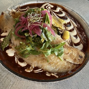 Agave - Sea bass filet served with mole and fingerling potatoes - Mexican Near Me - Lodi, California Agave - Sea bass filet served with mole and fingerling potatoes - Mexican Near Me - Lodi, California