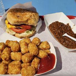 Marty's Hamburger Stand - Marty's combo cheeseburger (combo comes with a hotdog on it) tater tots and chili.