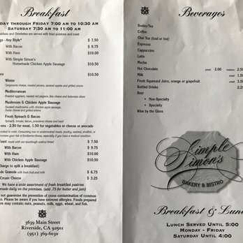 Simple Simon's Bakery & Bistro - Menu - 2 of 2 - 08/07/17 - Bakeries Near Me - Riverside, California Simple Simon's Bakery & Bistro - Menu - 2 of 2 - 08/07/17 - Bakeries Near Me - Riverside, California