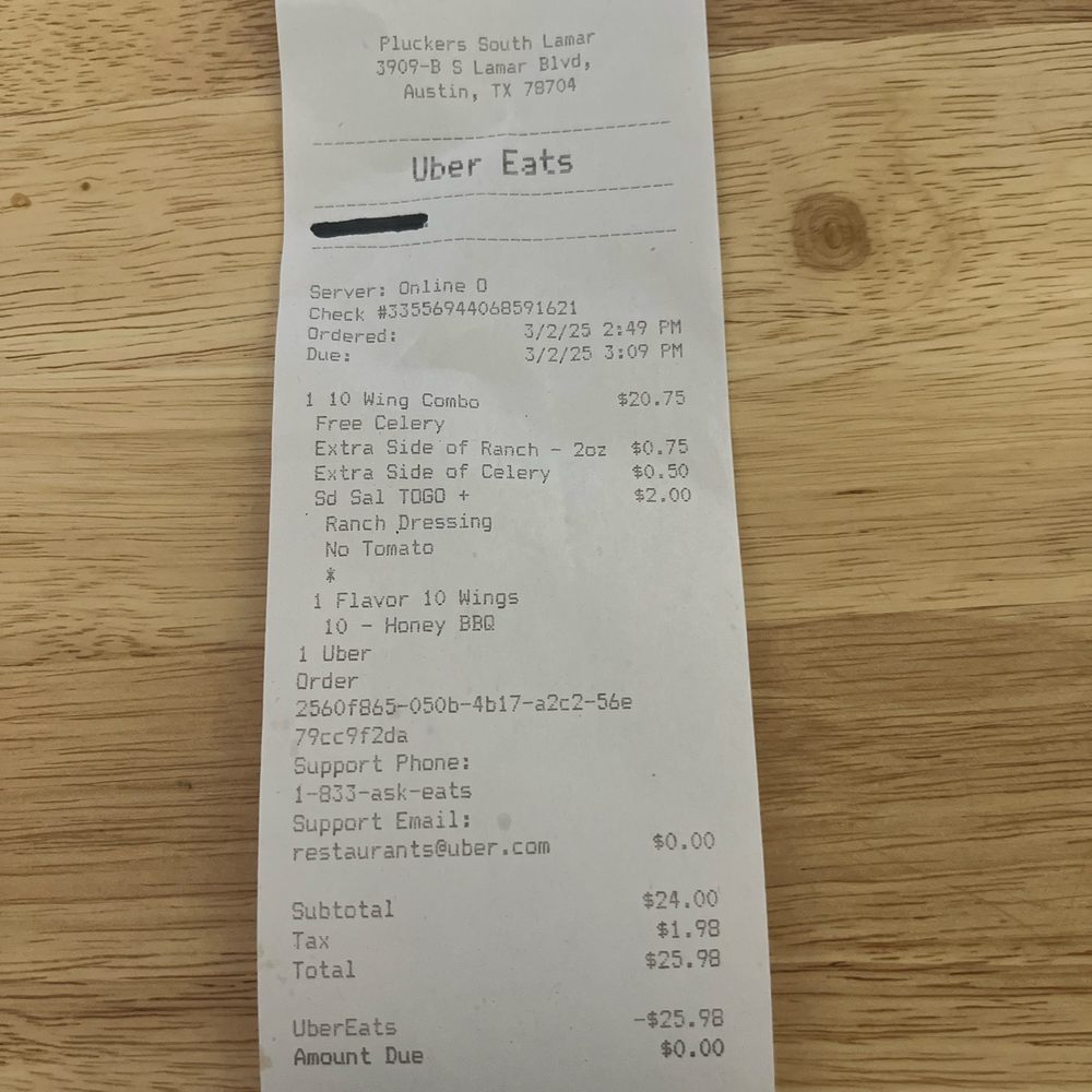 Pluckers Wing Bar - South Lamar - Receipt - Chicken Wings Near Me - Austin, Texas Pluckers Wing Bar - South Lamar - Receipt - Chicken Wings Near Me - Austin, Texas