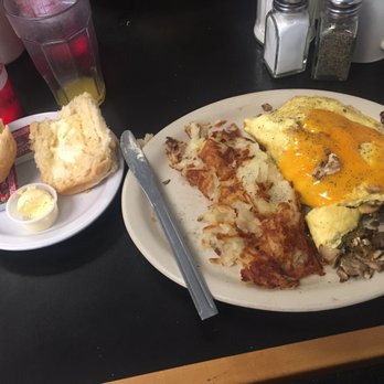 Busy Bee Cafe - Mushroom and cheese omelette with a biscuit and hash browns - Breakfast & Brunch Near Me - Springfield, Oregon