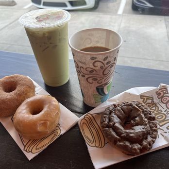 Champ Donut - Sugar and glazed on left, maple old fashion on right. Matcha latte and brewed coffee - Donuts Near Me - Fort Worth, Texas Champ Donut - Sugar and glazed on left, maple old fashion on right. Matcha latte and brewed coffee - Donuts Near Me - Fort Worth, Texas