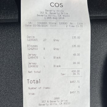 COS - Receipt from our encounter. S.A. number at the top along with time stamps and site information. - Women's Clothing Near Me - Beverly Hills, California COS - Receipt from our encounter. S.A. number at the top along with time stamps and site information. - Women's Clothing Near Me - Beverly Hills, California