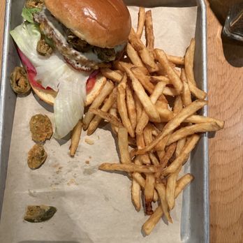 BJ's Restaurant & Brewhouse - Veggie Burger with jalapeño rings - American Near Me - Temple, Texas BJ's Restaurant & Brewhouse - Veggie Burger with jalapeño rings - American Near Me - Temple, Texas