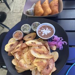Bean Dip, Plantain Chips + Chicken Empanadas