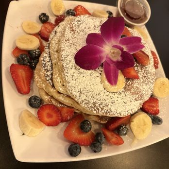 Mimosas cafe - Stack of buttermilk pancakes with fruit - Breakfast & Brunch Near Me - Merced, California