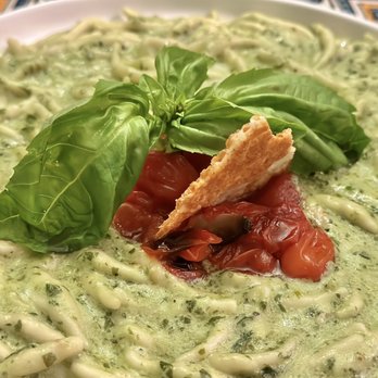 Locanda Sorrento - Trofie Al Pesto - Handmade pasta with fresh pesto, Roma tomatoes and a Parmesan Reggiano wafer. - Italian Near Me - Campbell, California