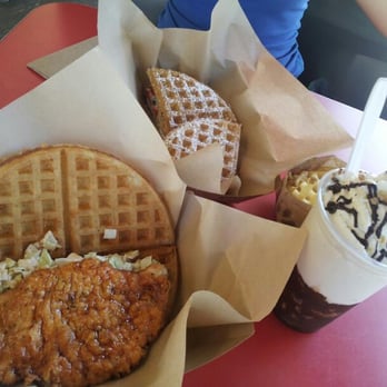 Bruxie - Chicken waffle, berries and cream waffle, and Belgian chocolate shake. Yummy! - Sandwiches Near Me - Orange, California Bruxie - Chicken waffle, berries and cream waffle, and Belgian chocolate shake. Yummy! - Sandwiches Near Me - Orange, California