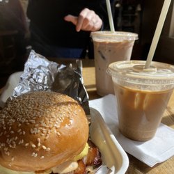 Earth's Harvest Kitchen & Juicery - Breakfast sandwich, large mocha, and small latte