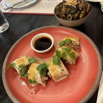 The Peached Tortilla - Duck and Brussel sprouts in the background - Asian Fusion Near Me - Cedar Park, Texas The Peached Tortilla - Duck and Brussel sprouts in the background - Asian Fusion Near Me - Cedar Park, Texas