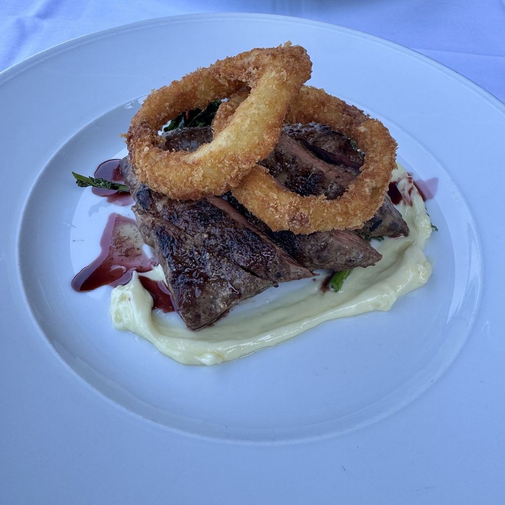 Waterbar - Flat iron steak with broccoli rabe, black bean-pepper sauce, and onion rings - Seafood Near Me - San Francisco, California