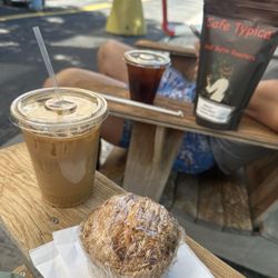 Cafe Typica - Vanilla latte, cold brew, strawberry lemon muffin, and coffee beans