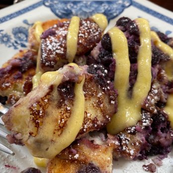Fressen Artisan Bakery - Kaiserschmarren Special - a torn blueberry pancake sautéed in butter and brown sugar and topped with lemon curd ($14) - Bakeries Near Me - Portland, Oregon Fressen Artisan Bakery - Kaiserschmarren Special - a torn blueberry pancake sautéed in butter and brown sugar and topped with lemon curd ($14) - Bakeries Near Me - Portland, Oregon