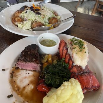 Hastings House Dining Room - Tenderloin steak with seasonal veggies and a lobster tail - Diners Near Me - Salt Spring Island, British Columbia Hastings House Dining Room - Tenderloin steak with seasonal veggies and a lobster tail - Diners Near Me - Salt Spring Island, British Columbia