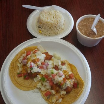 Mariscos El Puerto - 2 fish tacos rice n beans. Going in! Yum! - Seafood Near Me - Chino, California Mariscos El Puerto - 2 fish tacos rice n beans. Going in! Yum! - Seafood Near Me - Chino, California