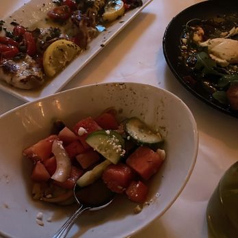 Sal's Trattoria - Watermelon feta salad, calamari (for my fam) and burrata - Italian Near Me - Chicago, Illinois