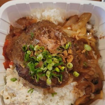 Hamada General Store - Wayu hamburger steak with rice,mushrooms and onions and brown gravy with mac salad - Salad Near Me - Honolulu, Hawaii Hamada General Store - Wayu hamburger steak with rice,mushrooms and onions and brown gravy with mac salad - Salad Near Me - Honolulu, Hawaii