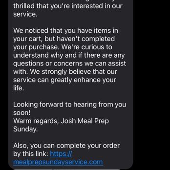 Meal Prep Sunday - Text message from company. - Food Delivery Services Near Me - Vista, California Meal Prep Sunday - Text message from company. - Food Delivery Services Near Me - Vista, California