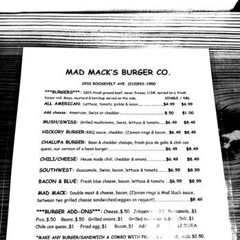 Mad Mack's Burger - Menu as of October 2019 - Burgers Near Me - San Antonio, Texas Mad Mack's Burger - Menu as of October 2019 - Burgers Near Me - San Antonio, Texas