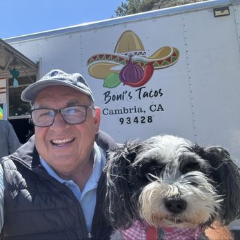 Boni's Tacos - A happy diner with his four legged guest, Izzy. - Mexican Near Me - Cambria, California