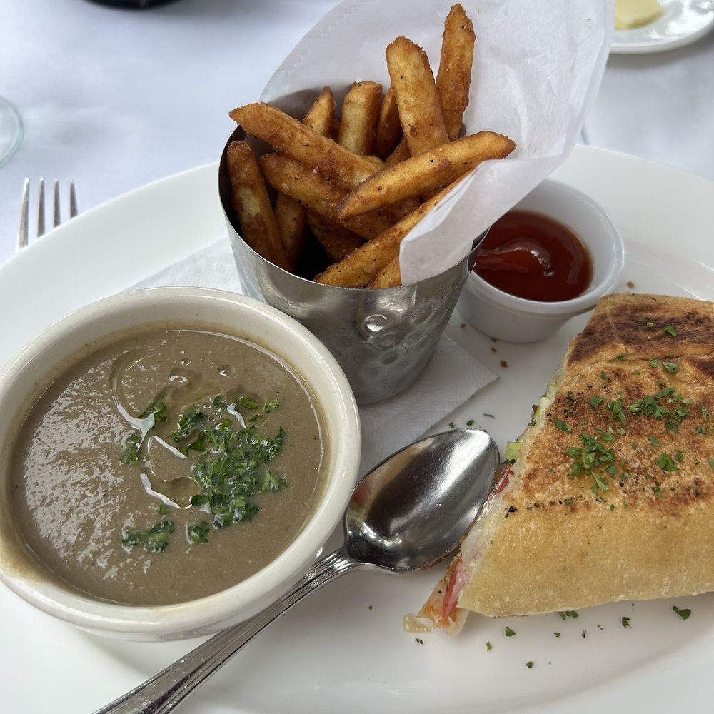 Bistro 46 - 1/2 soup and sandwich- mushroom bisque and chicken BLT with fries! - New American Near Me - Morristown, New Jersey