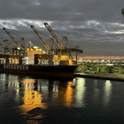 Los Angeles World Cruise Center - Container ship across from the cruise port