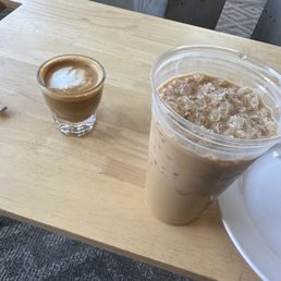 cortado on left, latte on right cortado on left, latte on right