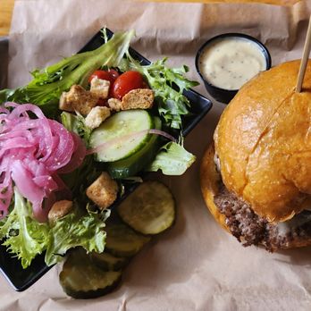 Antimony Brewing - Ghost Smash Burger with Side Salad $19 - Bars Near Me - Lenox, Massachusetts