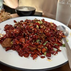 Szechuan Garden - Chong Qing Style Chili Chicken - you can select bone- in or no bones. We had bone-in but crispy, crunchy, and flavorful!!