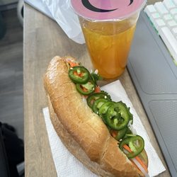 Pho Co Variety - Lemongrass Beef Banh Mi with passionfruit strawberry refresher + passionfruit boba