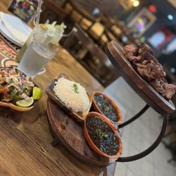 La Gloria Grill - Steak, rice, black beans, and ceviche.