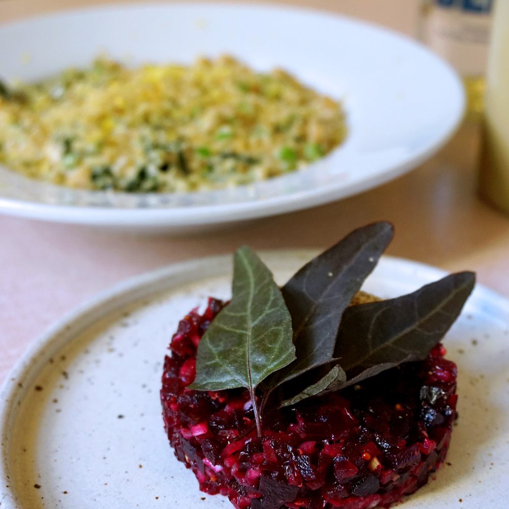 Acorn Vegetarian Kitchen - Beetroot tartare, smoked almond cream (£8.95). - Vegetarian Near Me - Bath, BAS Acorn Vegetarian Kitchen - Beetroot tartare, smoked almond cream (£8.95). - Vegetarian Near Me - Bath, BAS