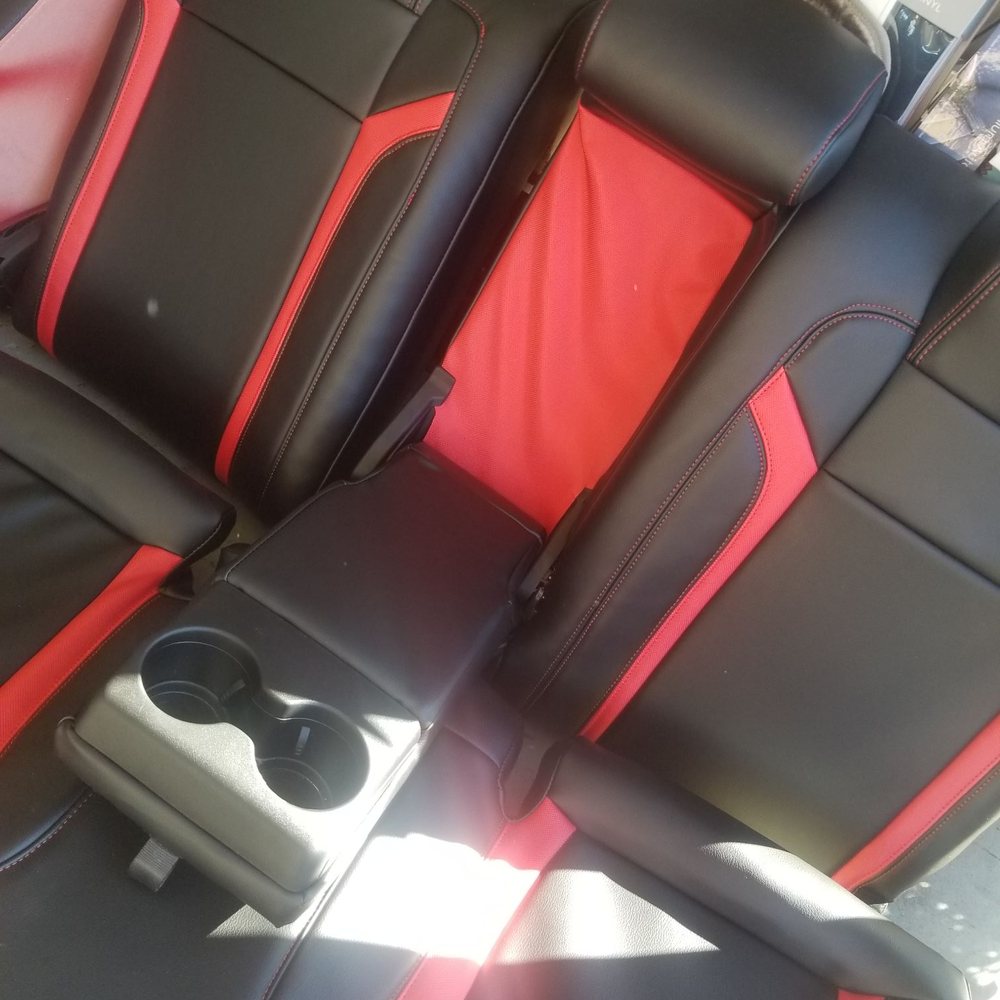 Sophies' Seat Design - Back seat (not installed) ... cup holder goes up but I wanted a pop of red when you bring the arm rest down. - Auto Upholstery Near Me - Los Angeles, California Sophies' Seat Design - Back seat (not installed) ... cup holder goes up but I wanted a pop of red when you bring the arm rest down. - Auto Upholstery Near Me - Los Angeles, California