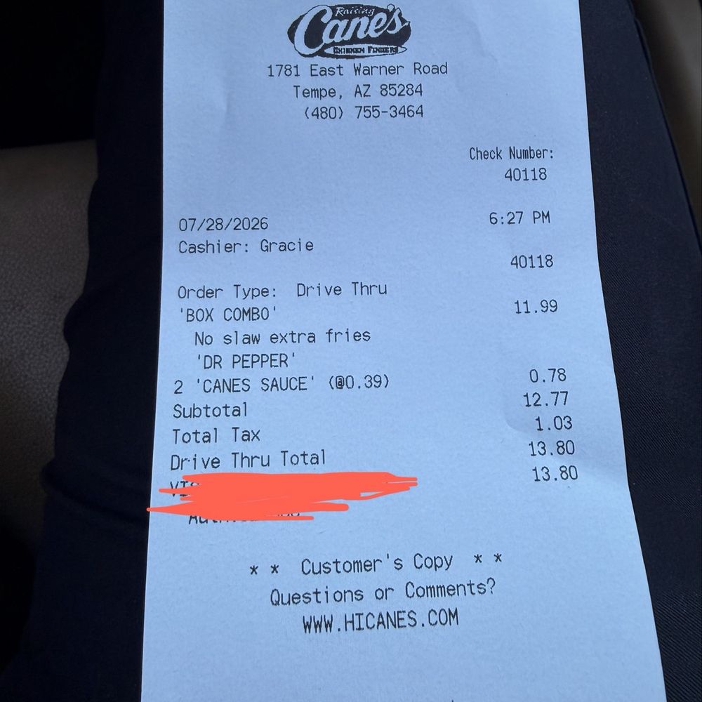Raising Cane's Chicken Fingers - Charged for things that were missing before - Fast Food Near Me - Tempe, Arizona Raising Cane's Chicken Fingers - Charged for things that were missing before - Fast Food Near Me - Tempe, Arizona